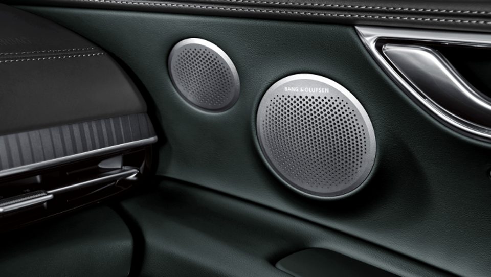 Close-up of two round Bang & Olufsen speaker grilles in the front door trim.